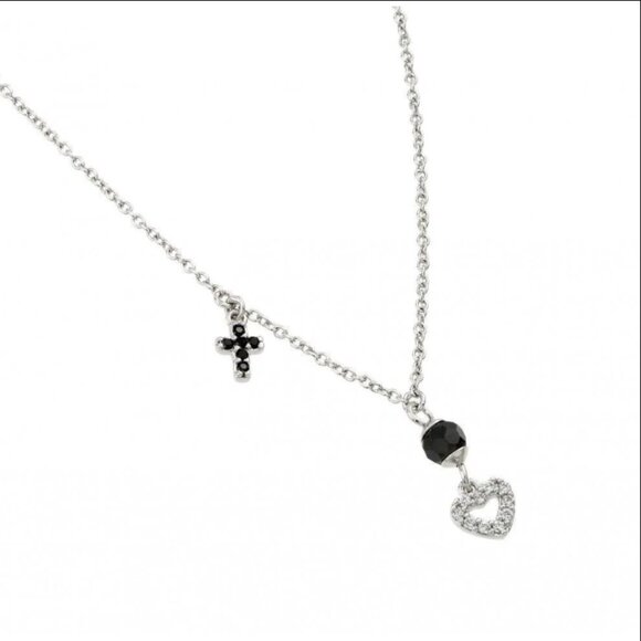 925 Sterling Silver Jewelry - Sterling Silver 925 Rhodium Plated Onyx Cross Heart Pendant Necklace